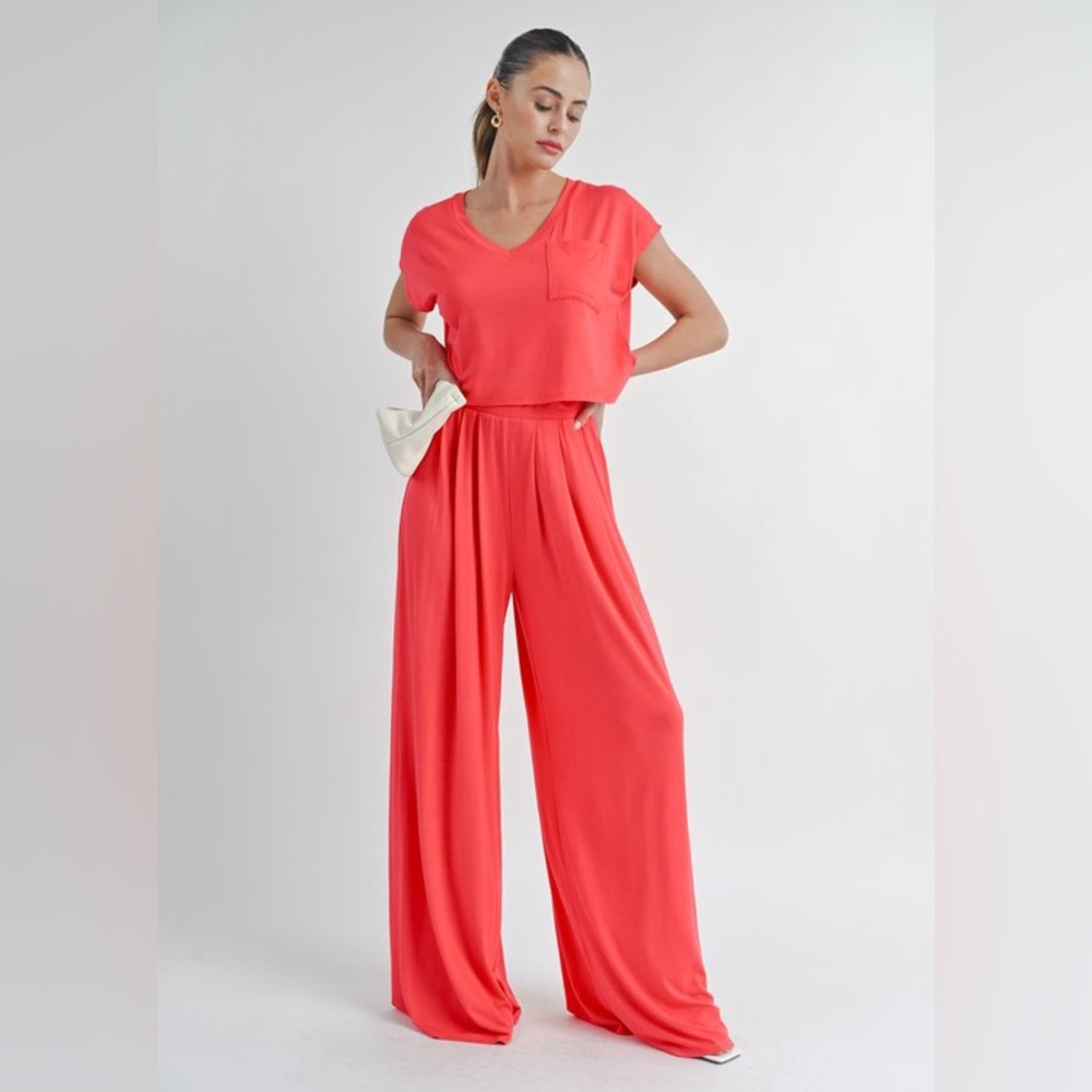 NWT Win Win Coral Wide Leg Pant Set | Flowy Lounge Matching Set | Summer Outfit